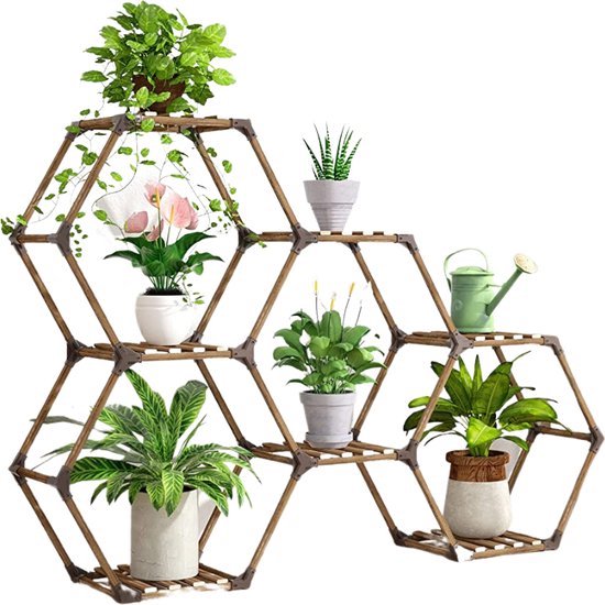 Tikea - Plantenstandaard - 6 hoekige plantenrek - Plantenrek voor binnen en buiten - 141 x 25 x 97 cm + Rubberen hamer & handschoenen